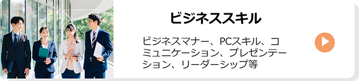 ビジネススキル：ビジネスマナー、PCスキル、コミュニケーション、プレゼンテーション、リーダーシップ等
