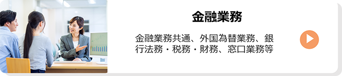 金融業務：金融業務共通、外国為替業務、銀行法務・税務・財務、窓口業務等